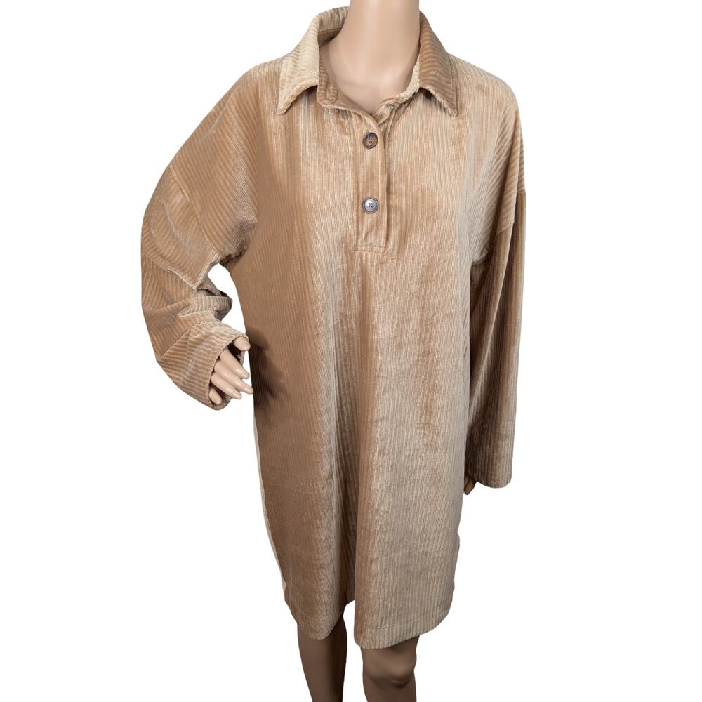 ASOS Tan Velvet Corduroy Shift Dress 8 | Camel Ribbed Velour Henley Tunic Mini - Picture 1 of 8